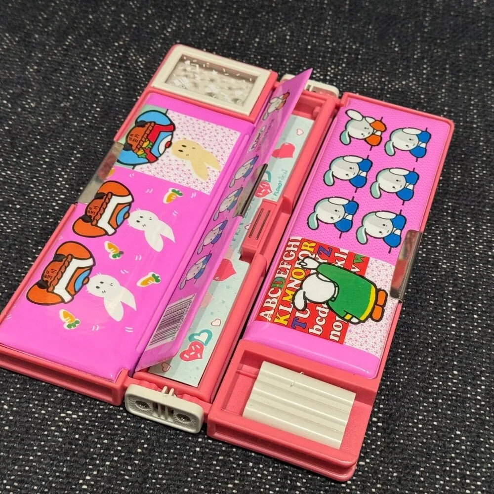 Flomo® Pencil Case, Double-Sided Multi-Compartment, Pink Bunny, Vintage 1980s
